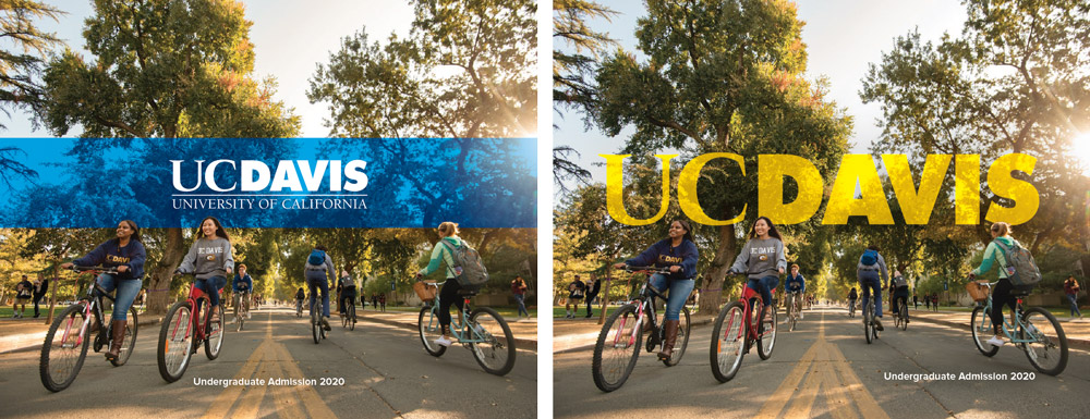 two view book covers showing students on bikes riding towards and away from the camera in front of 'UC Davis'