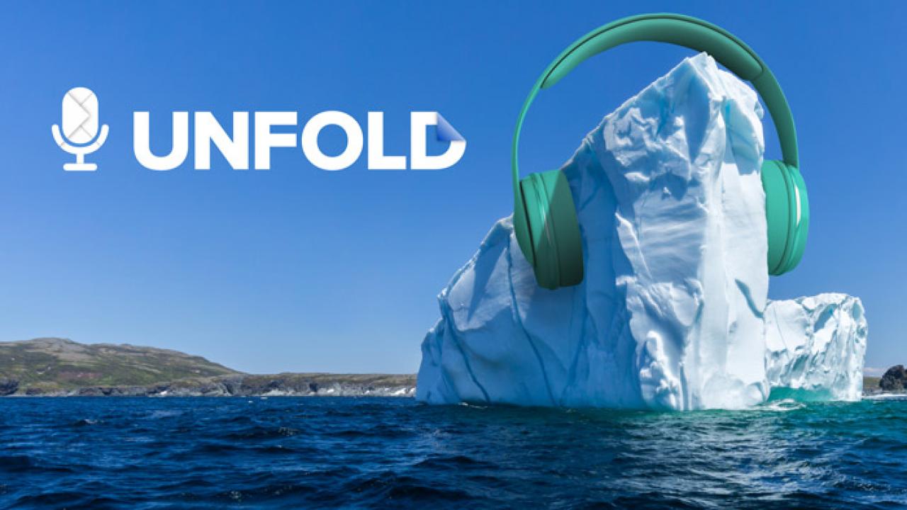 an iceberg in the ocean wearing giant headphones