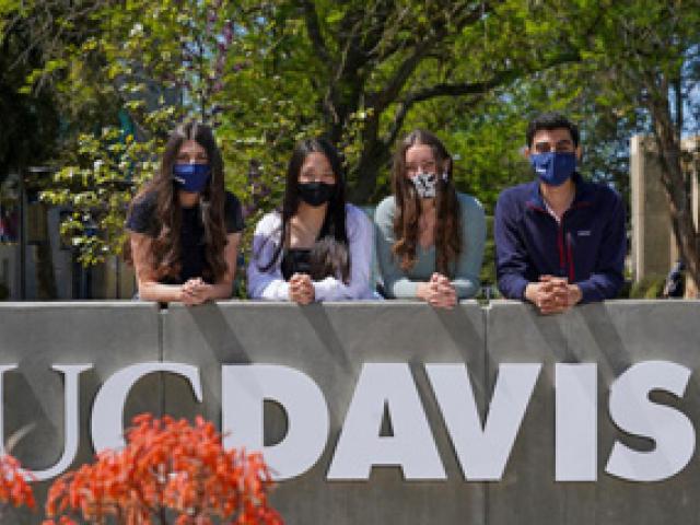 four interns grouped together and leaning on a UC Davis sign 