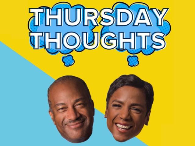 cut out heads of Chancellor Gary May and Leshelle May and a thought bubble that says 'Thursday Thoughts'