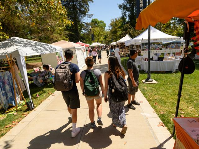 students walking by vendor booths at the Whole Earth Festival